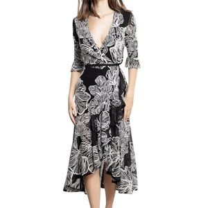 DRESS THE POPULATION Embroidered Floral Ophelia Midi Wrap Dress Black Size M